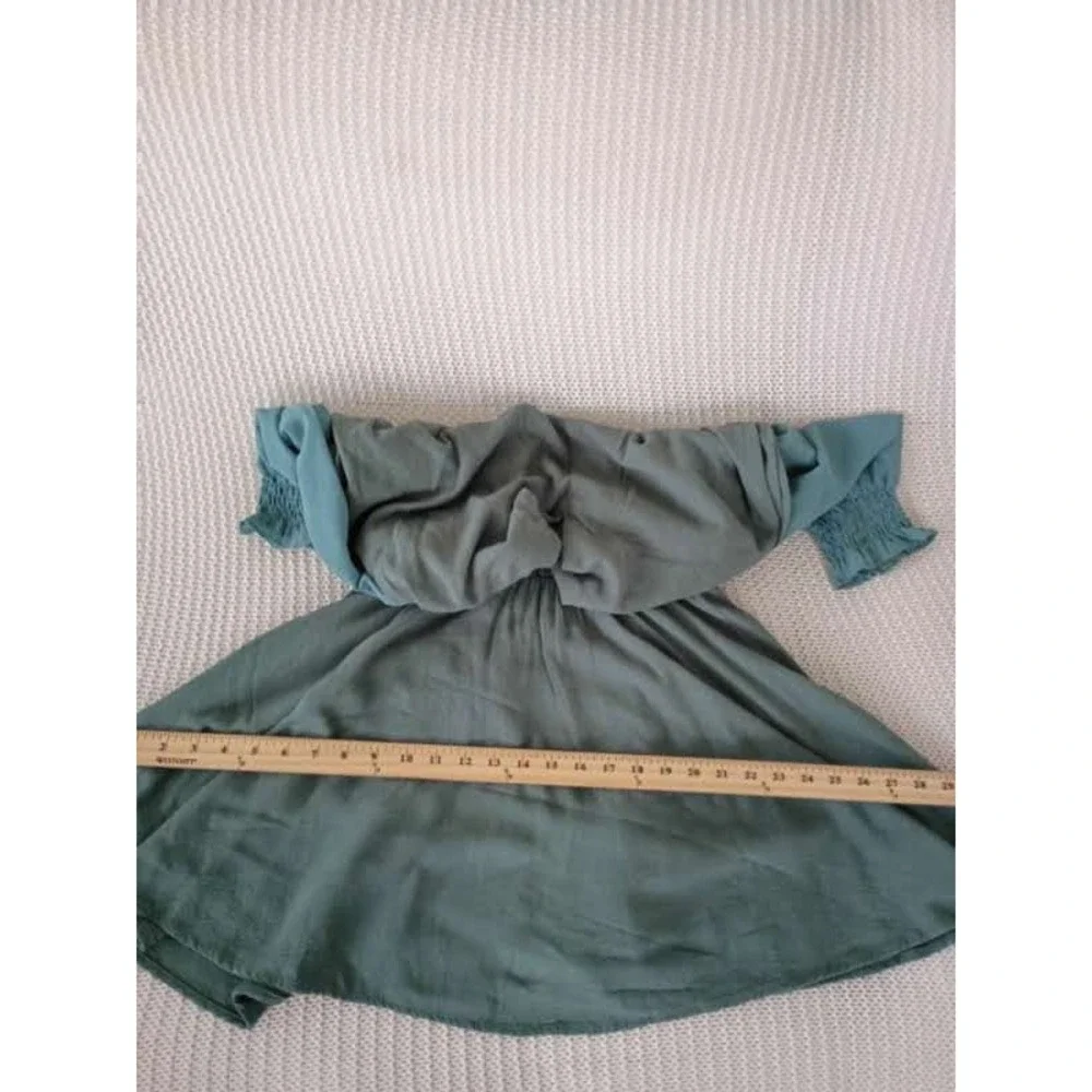UMGEE‎ Sage Green Linen Mini Dress Blue Contrast Slve Smocked Cuff S Cottagecore